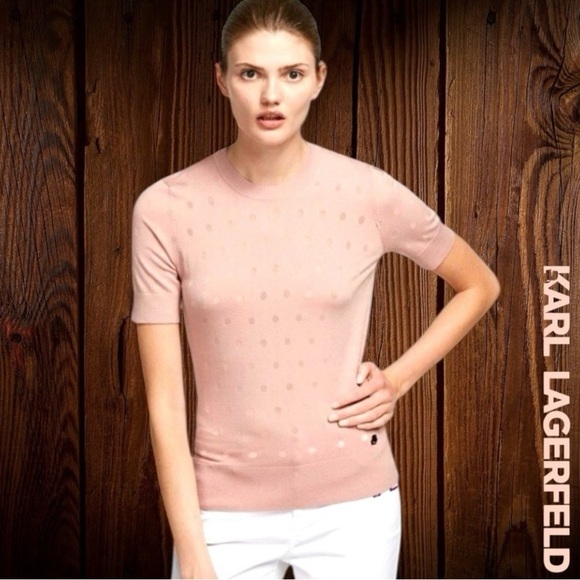 Karl Lagerfeld Blush Pink Short Sleeve Top w/ 💐 embroidered on back - Picture 1 of 9